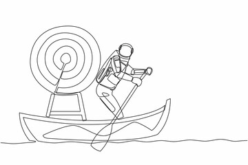 Poster - continuous one line drawing astronaut sailing away on boat with dartboard target. achieve tech missi
