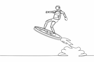 Poster - continuous one line drawing young astronaut riding dollar coin rocket flying in moon surface. space 