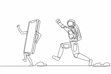 Poster - Continuous one line drawing of young astronaut run chasing smartphone in moon surface. Communication revolution with satellite phone. Cosmonaut outer space. Single line draw design vector illustration