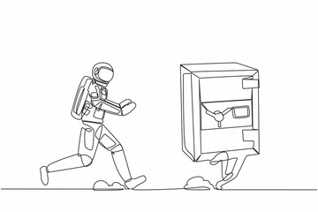 Poster - Single continuous line drawing of young astronaut run chasing safe deposit box in moon surface. Financial security protection. Cosmic galaxy space concept. One line graphic design vector illustration