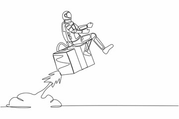 Poster - Single continuous line drawing of young astronaut riding gift box rocket flying in moon surface. Fast delivery between galaxy. Cosmonaut deep space. Dynamic one line graphic design vector illustration