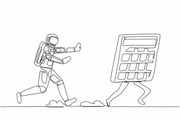 Poster - Single one line drawing young astronaut chasing calculator in moon surface. Calculation of costs for space exploration. Cosmonaut deep space concept. Continuous line design graphic vector illustration