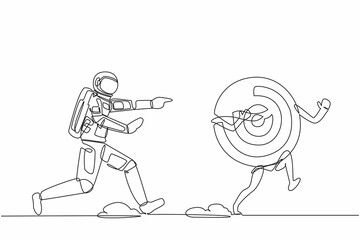 Poster - continuous one line drawing young astronaut chase dartboard target in moon surface. accuracy, precis