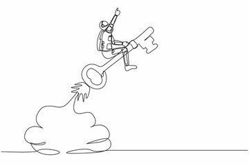 Poster - Single one line drawing of young astronaut riding key rocket flying in moon surface. Searching success key of space exploration. Cosmic galaxy space concept. Continuous line design vector illustration