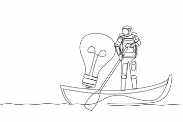 Poster - Single one line drawing young astronaut sailing away on boat with light bulb. Vision and innovation in galactic mission. Cosmic galaxy space concept. Continuous line design graphic vector illustration