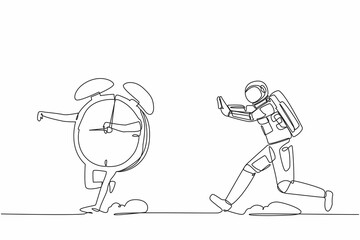 Poster - Single continuous line drawing young astronaut chasing alarm clock in moon surface. Space shuttle launch deadline management. Cosmic galaxy space concept. One line graphic design vector illustration