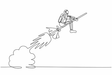 Poster - Continuous one line drawing of young astronaut riding magic broom rocket flying in moon surface. Launching spaceship company. Cosmonaut outer space. Single line draw design vector graphic illustration