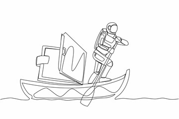 Poster - Continuous one line drawing of young astronaut sailing away on boat with wallet. Problem in space company due to economic crisis. Cosmonaut outer space. Single line design vector graphic illustration