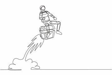 Poster - Single one line drawing young astronaut riding treasure chest rocket flying in moon surface. Precious treasure hunting in cosmic galaxy space. Continuous line draw design graphic vector illustration