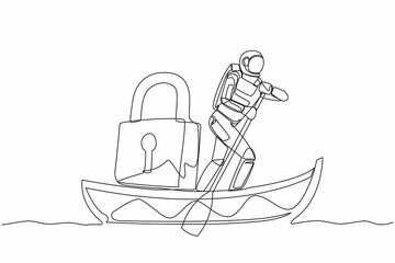 Poster - Single one line drawing astronaut sailing away on boat with padlock. Spaceship launch safety and protection. Cosmic galaxy space concept. Modern continuous line draw design graphic vector illustration