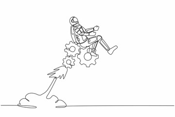 Poster - Single continuous line drawing of young astronaut riding gear rocket flying in moon surface. Problem solving mechanisms in space company. Cosmonaut deep space. One line draw design vector illustration