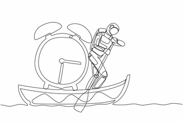 Poster - Continuous one line drawing of young astronaut sailing away on boat with alarm clock. Time management in launch spaceship mission. Cosmonaut outer space. Single line design vector graphic illustration