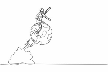 Poster - Continuous one line drawing astronaut riding sphere globe rocket flying in moon surface. Global spaceship business expansion. Cosmonaut outer space. Single line draw design vector graphic illustration