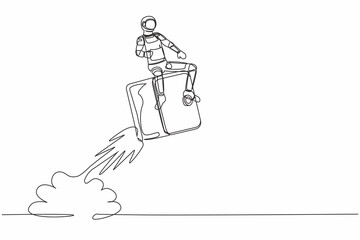 Poster - single continuous line drawing young astronaut riding safe deposit box rocket flying in moon surface