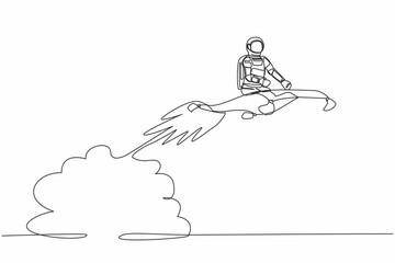 Poster - Single one line drawing of young astronaut riding magic carpet rocket flying in moon surface. Space exploration acceleration. Cosmic galaxy space concept. Modern continuous line design graphic vector