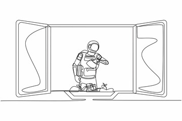 Poster - Single continuous line drawing young astronaut watering flowers on the balcony in moon surface. Home green garden, house plants growing. Cosmonaut deep space. One line draw design vector illustration