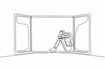 Poster - single one line drawing stressed young astronaut sitting on windowsill. depression, stress, despair,