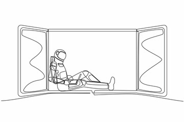Poster - Single one line drawing young astronaut freelancer sitting on windowsill, working using laptop. Remote work from moon surface. Cosmic galaxy space. Continuous line design graphic vector illustration