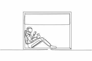 Poster - Continuous one line drawing astronaut sitting on windowsill with smartphone coffee in moon surface. Comfortable relax time with hot drink. Cosmonaut outer space. Single line design vector illustration