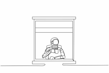 Poster - Single continuous line drawing young astronaut enjoy hot coffee or tea in window house, holding mug, looking through window in moon surface. Cosmonaut deep space. One line design vector illustration