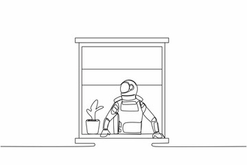 Poster - continuous one line drawing astronaut looking outside window in moon surface. spaceman with a plant 