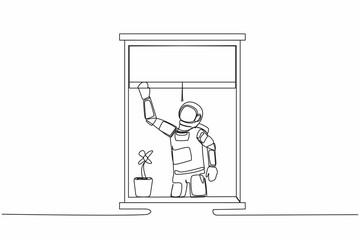 Poster - Single one line drawing young astronaut waving at window as look like to greet or invite friends to come in. Cosmic galaxy space concept. Modern continuous line draw design graphic vector illustration