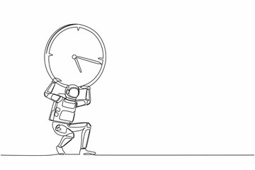 Poster - continuous one line drawing young astronaut carrying heavy clock on his back. galactic exploration w