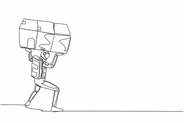 Poster - Single continuous line drawing of astronaut carrying heavy pile of box on his back. Frustration spaceman with stack of cardboard. Cosmonaut deep space. One line draw design vector graphic illustration