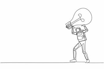Poster - Continuous one line drawing of young astronaut carrying heavy light bulb on his back. Losing idea or vision in spaceship company. Cosmonaut outer space. Single line graphic design vector illustration