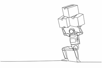Poster - Continuous one line drawing young astronaut carrying heavy pile of box on his back. Overworked spaceman with stack of cardboard. Cosmonaut outer space. Single line graphic design vector illustration