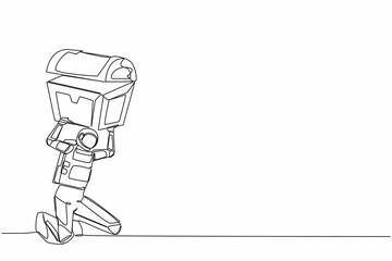 Poster - Single one line drawing young astronaut carrying heavy treasure chest on his back. Trouble searching for treasure in outer space. Cosmic galaxy space. Continuous line draw design vector illustration