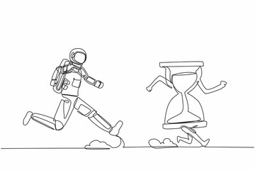 Poster - Continuous one line drawing of young astronaut run chasing hourglass in moon surface. Time management, space exploration schedule. Cosmonaut outer space. Single line graphic design vector illustration