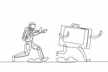 Poster - Single one line drawing young astronaut running chasing briefcase in moon surface. Huge bag for space exploration. Cosmic galaxy space concept. Continuous line draw graphic design vector illustration