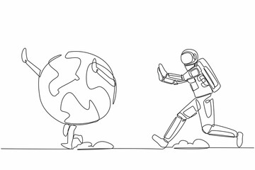 Poster - Continuous one line drawing young astronaut run chasing globe in moon surface. Space trip and travel around planet in outer galaxy. Cosmonaut outer space. Single line draw design vector illustration