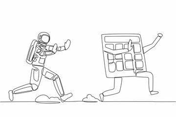 Poster - Single one line drawing young astronaut run chasing calculator in moon surface. Calculation of costs for space exploration. Cosmic galaxy space. Continuous line draw graphic design vector illustration