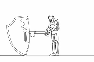 Poster - Single continuous line drawing of young astronaut put key into shield. Internet security and data protection in spaceship exploration. Cosmonaut deep space. One line design vector graphic illustration