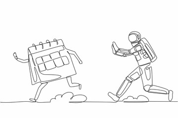 Poster - Continuous one line drawing young astronaut run chasing calendar in moon surface. Spaceship launch schedule planning. Cosmonaut outer space concept. Single line draw graphic design vector illustration