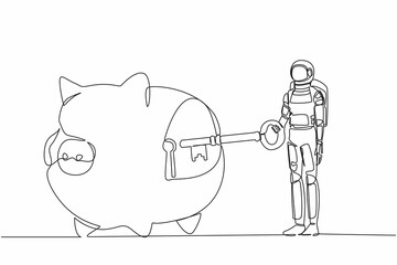 Poster - Continuous one line drawing young astronaut putting key into piggy bank. Personal saving or money security for spaceship expedition. Cosmonaut outer space. Single line draw design vector illustration