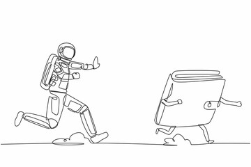 Poster - Continuous one line drawing of young astronaut run chasing wallet in moon surface. Digital wallet managed by satellite technology. Cosmonaut outer space. Single line graphic design vector illustration