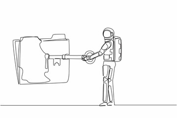 Poster - Single one line drawing young astronaut put key into folder icon. Document protection and secret information for spaceship expedition. Cosmic galaxy space. Continuous line design vector illustration