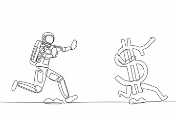 Poster - Single continuous line drawing young astronaut run chasing dollar symbol in moon surface. Investment in space technology development. Cosmonaut deep space. One line design vector graphic illustration