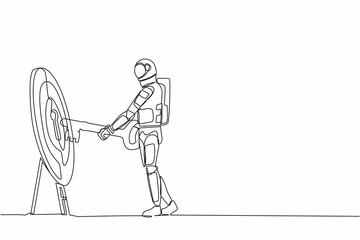Poster - Single continuous line drawing young astronaut putting big key into bullseye target. Unlock spaceship expedition opportunity. Cosmonaut deep space concept. One line design vector graphic illustration