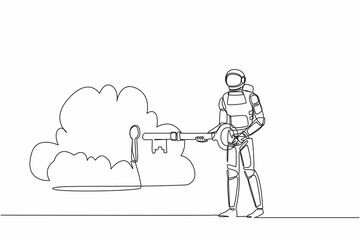 Aufkleber - Single one line drawing astronaut putting big key into cloud. Safety storage in spaceship data, password lock security authentication. Cosmic galaxy space. Continuous line design vector illustration