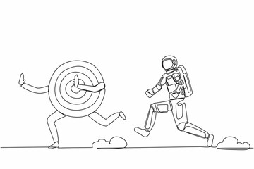Poster - single continuous line drawing astronaut run chase dartboard target in moon surface. accuracy, preci