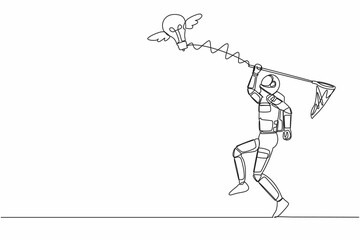 Poster - single one line drawing young astronaut try to catching flying light bulb with butterfly net. creati