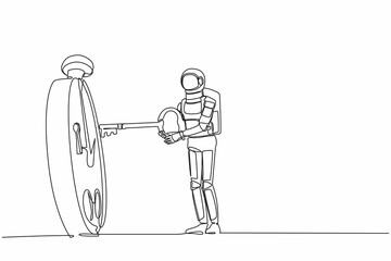 Poster - Continuous one line drawing young astronaut putting big key into stopwatch. Effective planning for productive work in space company. Cosmonaut outer space. Single line draw design vector illustration