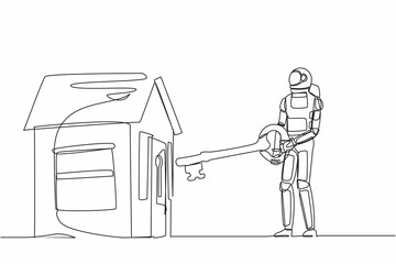 Poster - Continuous one line drawing astronaut putting big key into house. Investing money in real estate. Property mortgage in outer planet. Cosmonaut outer space. Single line draw design vector illustration