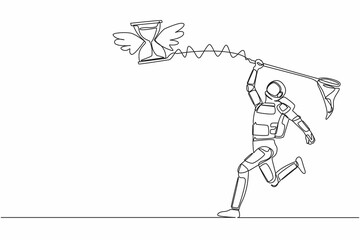 Poster - Single continuous line drawing astronaut try to catching flying hourglass with butterfly net. Stress and deadlines work in space company. Cosmonaut deep space. One line draw design vector illustration