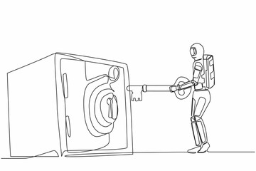 Poster - Single continuous line drawing young astronaut putting big key into safety deposit box. Money, gold, securities protection for space company. Cosmonaut deep space. One line design vector illustration