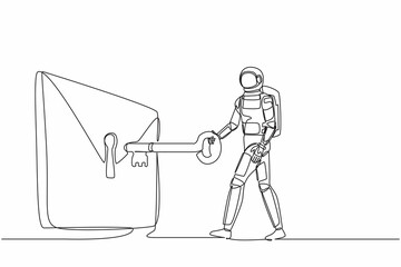 Poster - Single continuous line drawing astronaut putting big key into mail. Digital message protection or email security system in spaceship company. Cosmonaut deep space. One line design vector illustration